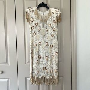 A.J. Bari White and Gold Beaded Backless Cocktail Dress
